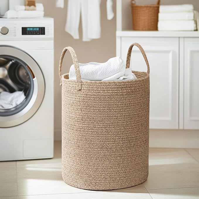 Large Woven Laundry Basket, 15"x18" Tall Blanket Storage for Living Room, Cute Nursery Kids Baby Laundry Hamper, Wicker Hamper for Bedroom Aesthetic, Cotton Rope Dirty Clothes Decor Basket