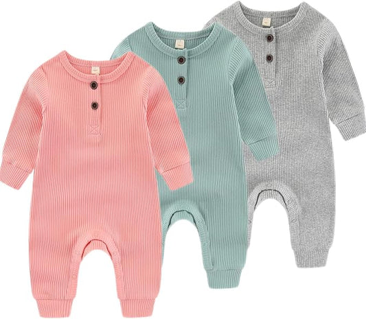 Newborn Baby Boys Girls One Piece Romper With Mitten Cuffs 3 Pack Long Sleeve Ribbed Button Jumpsuit Outfit Clothes