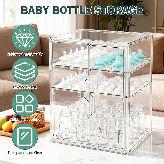 Baby Bottle Organizer, 3-Tier Bottle Storage for Countertop with Double Magnetic Doors, Clear Plastic Bottle Station Organizer with 2 Adjustable Dividers for Kitchen, Bathroom, Cabinet, Vanity
