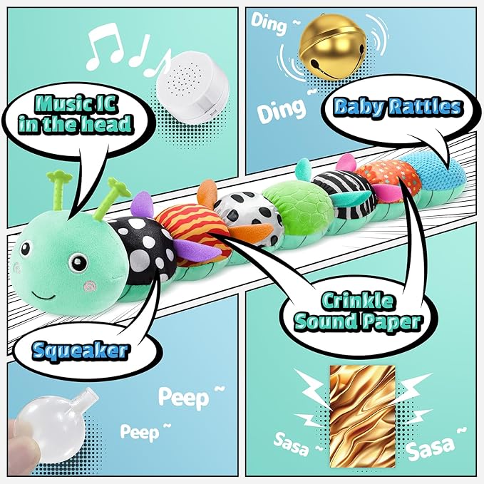 LIGHTDESIRE Baby Toys 6-12 Months Musical Caterpillar,Stuffed Animals Infant Toys 0-6 Months Sensory Toy with Ruler Design,Crinkle&Ring Bell,Baby Teething Toys for Tummy Time Boy Girl Gifts (Blue)