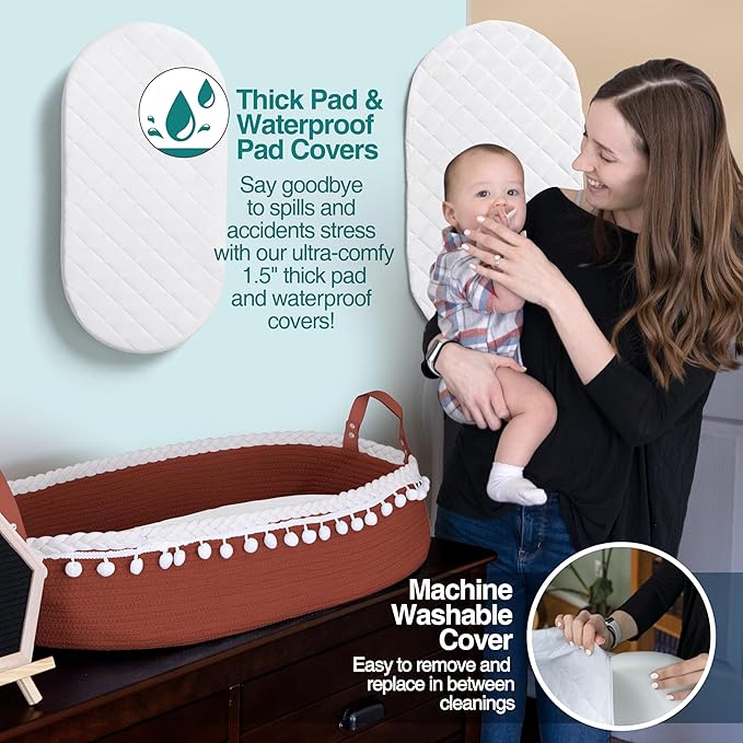 Baby Changing Basket - Portable Changing Pad for Dresser - Foldable Moses Basket for Babies - Includes Thick Pad, Felt Letter Board, Waterproof Pad Covers, Fleece Blanket, Cotton Carry Bag