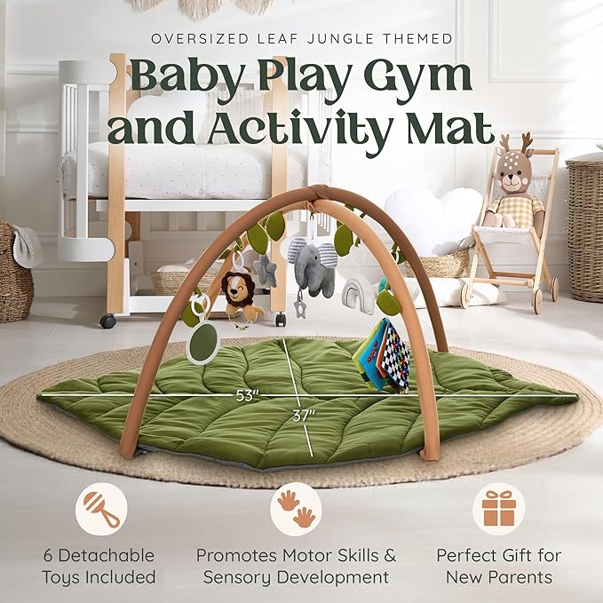 Baby Play Mat & Activity Gym - Tummy Time Mat with 6 Detachable Baby Toys | Oversized Leaf Modern Design Baby Play Gym | Perfect Baby Shower Gifts/Baby Must Haves - Developmental Activities for Baby