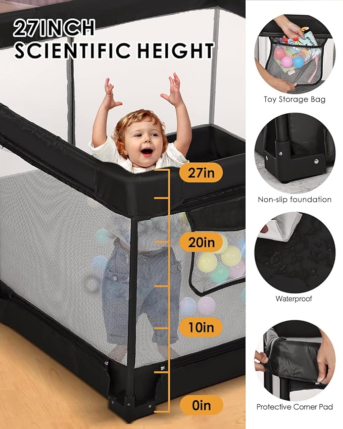 Foldable Baby Playpen with Non-Removable Thick Mat, Extra Large Collapsible Play Yard for Babies & Toddlers, Portable Travel Playpen with Gate, Safe Activity Center (51"×51" Black)