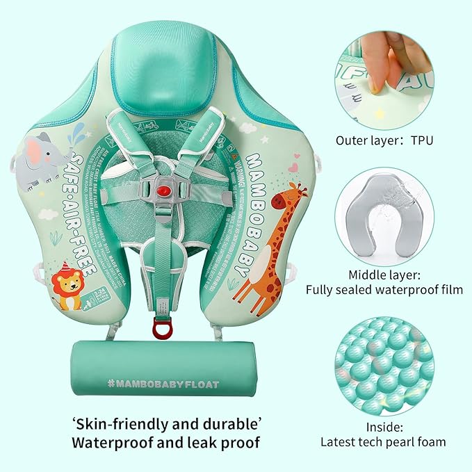 Mambobaby Float with Canopy and Tail New Upgraded Non-Inflatable Baby Pool Float Mambo Float Swim Trainer Solid Infant Swim Float Adjustable Pearl Foam Baby Swim Ring