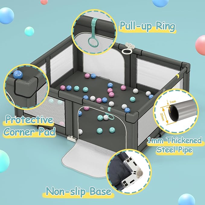 Tolead Foldable Playpen for Babies and Toddlers, 72" x 59" Extra Large Collapsible Play Pen with Basket, 4 Handlers & 50 Ocean Balls, Portable Travel Play Yard with Carry Bag, No Installation, Grey
