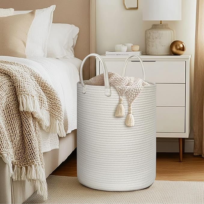 Large White Laundry Basket, 15"x18" Tall Blanket Storage Living Room, XL Cotton Rope Toy Bin for Organizing, Wicker Woven Baby Nursery Laundry Hamper with Handle, White Room Decor Aesthetic