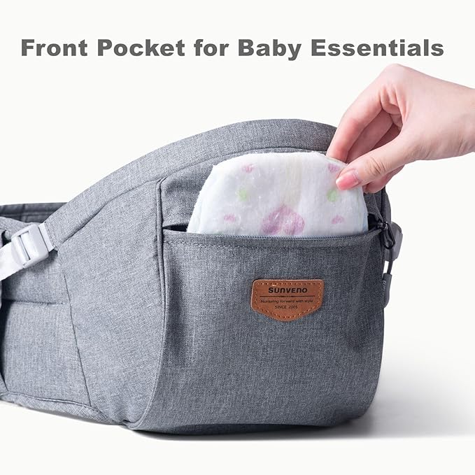 Sunveno Hip Baby Carrier with Seat,Ergonomic Baby Hip Carrier, Front-Facing Baby Holder, Anti-Slip Seat Surface, Wide and Adjustable Waistband, Multiple Pockets, Newborn to Toddler up to 45lbs, Grey