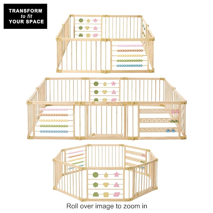 Wooden Playpen Extra Large for Toddlers and Babies - Foldable, Expandable, Adjustable - 8-10 Panels - Natural Wood - Unisex - Playpen