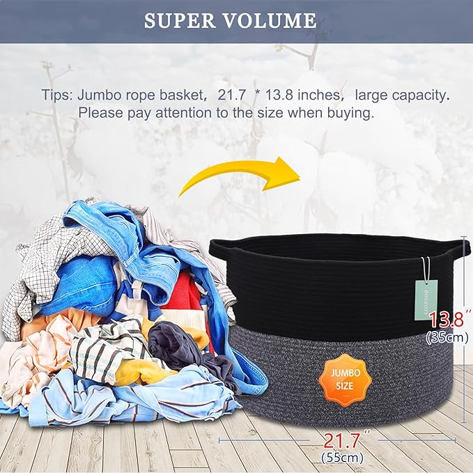 Extra Large Blanket Basket 87L, Laundry Hamper, Baby Nursery Hamper for Storage Toys Clothes Towels, Large Cotton Rope Laundry Basket for Girls Boys, 22”x 14”, Black & Gray