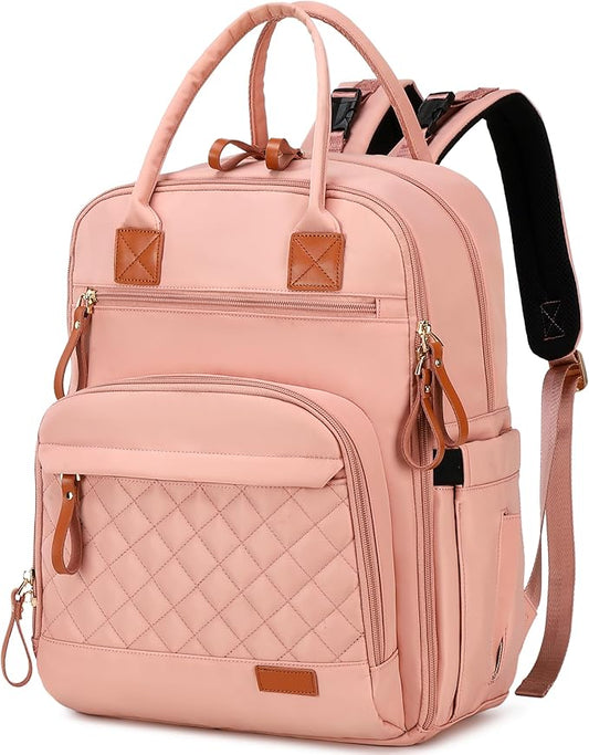 18 Pockets Diaper Bag Backpack with Waterproof Pockets and Stroller Buckle, Convertible Tote Bag (Pink, Large)