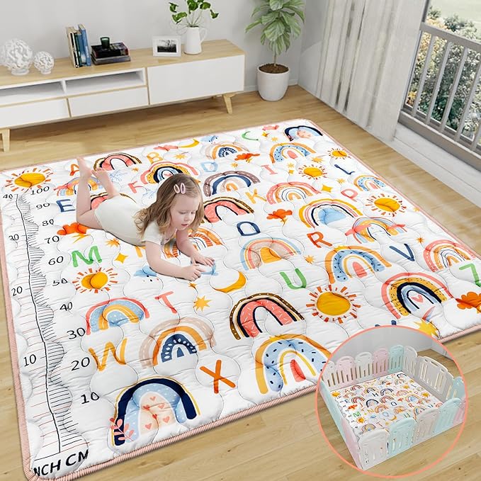 Baby Gyms Playmats for Playpen, 50"×50" Boho Rainbow Play Mat for Playpen Playyards Thicken Soft Padding Foam Playmats for Babies Toddlers Infants Baby Crawling Mat Pad Tummy Time