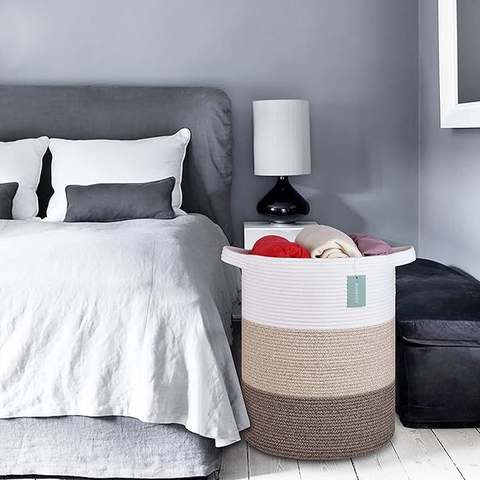 Large Blanket Basket, Nursery Hamper, Tall Laundry Basket 72L, Cotton Rope Woven Laundry Hamper for Storage Toys Clothes Towels, 16”x 22”, White & Gradient Brown
