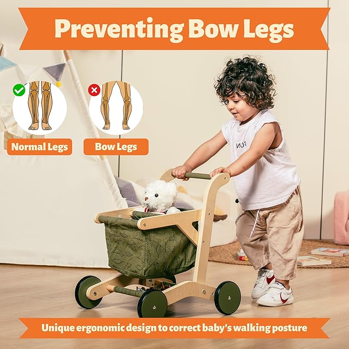 Kids Shopping Cart & Wooden Baby Walker – Baby Doll Stroller for Toddlers 1-3, Push Toy Walker, Montessori Toddler Walking Toy & Baby Shopping Cart – Durable Toddler Walker Push Toy