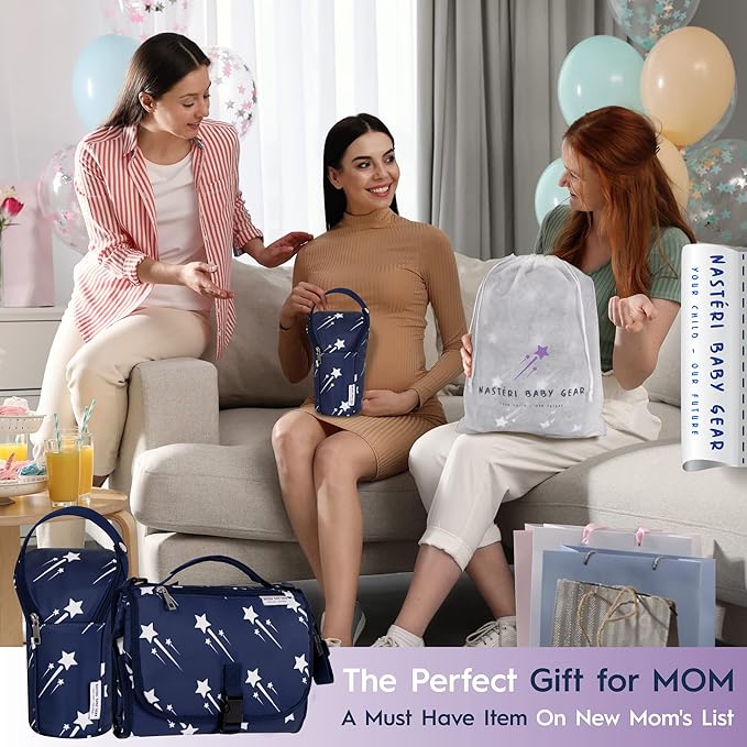 Nasteri Baby Gear Extra Large Portable Baby Changing Pad with Memory Foam Pillow & Insulated Bottle Bag - Waterproof Portable Changing Station for Girls & Boys - Navy