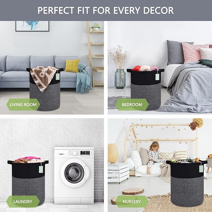 ﻿BOSROTY Large Laundry Hamper for Girls Boys Kids 72L, Nursery Hamper, Tall Laundry Basket, Cotton Rope Woven Blanket Basket for Storage Toys Clothes Towels, 16”x 22”, Black & Gray