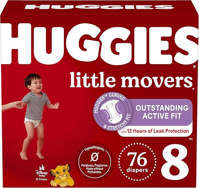 Huggies Size 8 Diapers, Little Movers Baby Diapers, Size 8 (46+ lbs), 76 Count (2 Packs of 38), Packaging May Vary