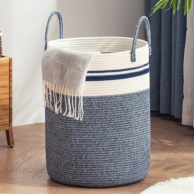 YOUDENOVA Woven Rope Laundry Hamper Basket, 72L Tall Laundry Basket, Baby Nursery Hamper for Blanket Storage in Bedroom-Large-Blue