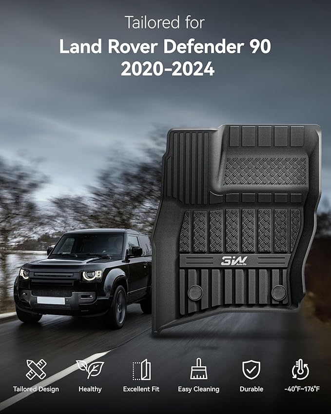 3W Floor mats & Cargo Liner for Land Rover Defender 90 2020-2024 2025(3PCS),TPE All Weather Custom Fit Floor Liner,Black
