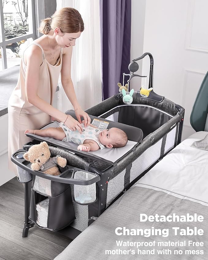 ADOVEL Baby Bassinet Bedside Crib, Pack and Play with Mattress, Diaper Changer and Playards from Newborn to Toddles, Grey