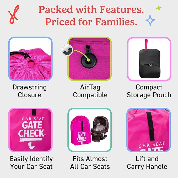 J.L. Childress Gate Check Travel Bag for Car Seats - Car Seat Travel Bag for Airplane, Includes AIRTAG Holder, Fits All Baby Car Infant Carriers & Child Booster Seats - Neon Pink