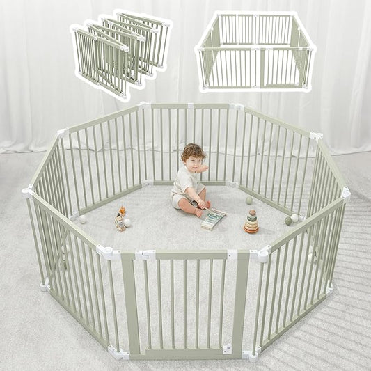 Comfy Cubs Baby Gate Playpen - 57 x 57 x 25 in, Extends Up to 228” - Pine Wood Foldable Playpen with Child-Proof Lock - Easy Assembly Baby Fence Play Area for Babies & Toddlers - Sage