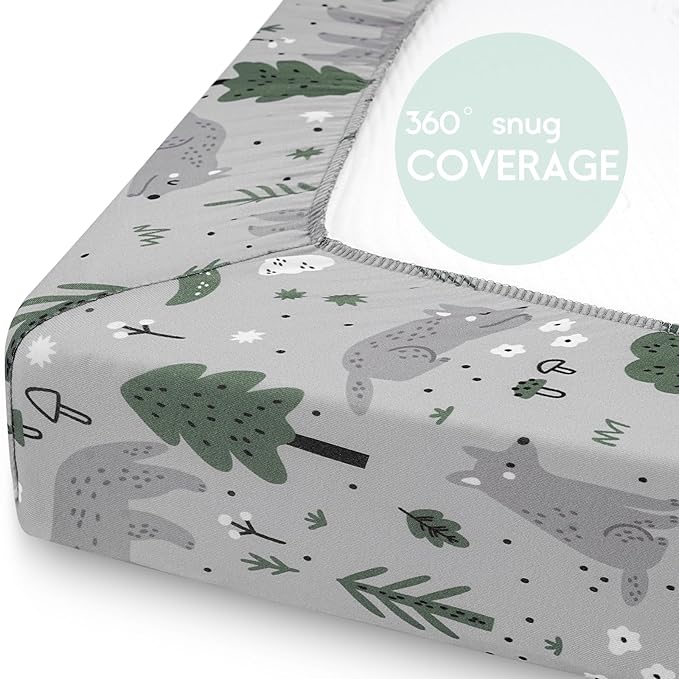 Yoofoss Pack and Play Sheets Fitted, Mini Crib Sheets 2-Pack for Pack N Play Mattress, Stretchy Playard Sheet, Soft and Breathable Gray-Green+Fox