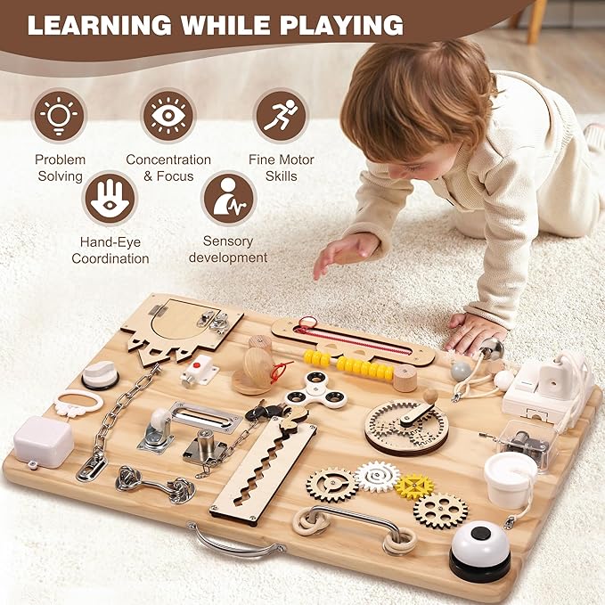 Wooden Montessori Busy Board for Toddlers, Montessori Sensory Activity Board Toys for Baby Kids, for Fine Motor Skills, Autism & ADHD