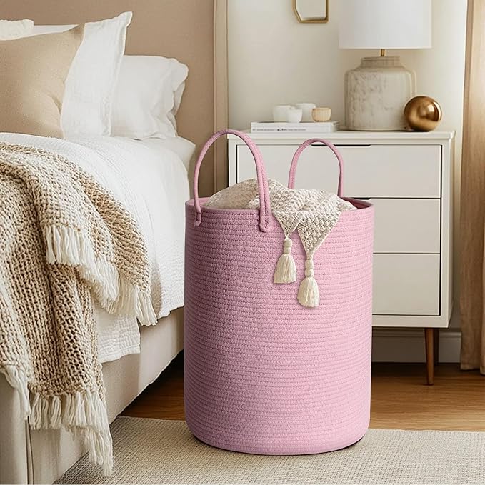 Large Pink Laundry Basket, 15"x18" Tall Blanket Storage for Living Room, Woven Cotton Rope Laundry Hamper for Girls Baby, Pink Room Decor Aesthetic, Decorative Clothes Hamper for Towels Toys