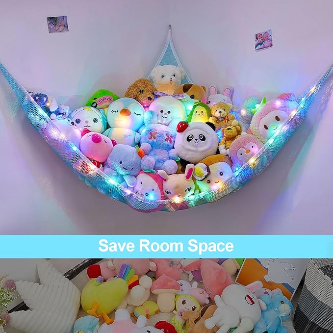 Unicorn Castle Stuffed Animals Net or Hammock Kids Toy Storage Organizer with LED Light Hanging Corner Stuffed Animals Holder Kids Girls Room Decor (Pack of 1)