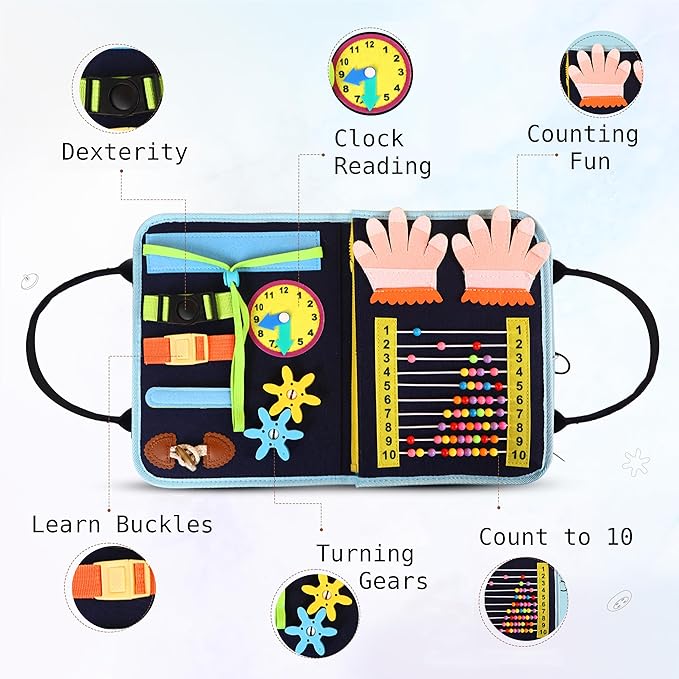 Busy Book for Toddlers - Montessori Busy Board with Sensory Activities for Learning Fine Motor Skills, Travel Toys for Toddlers for Airplane, Car. for Boys and Girls.