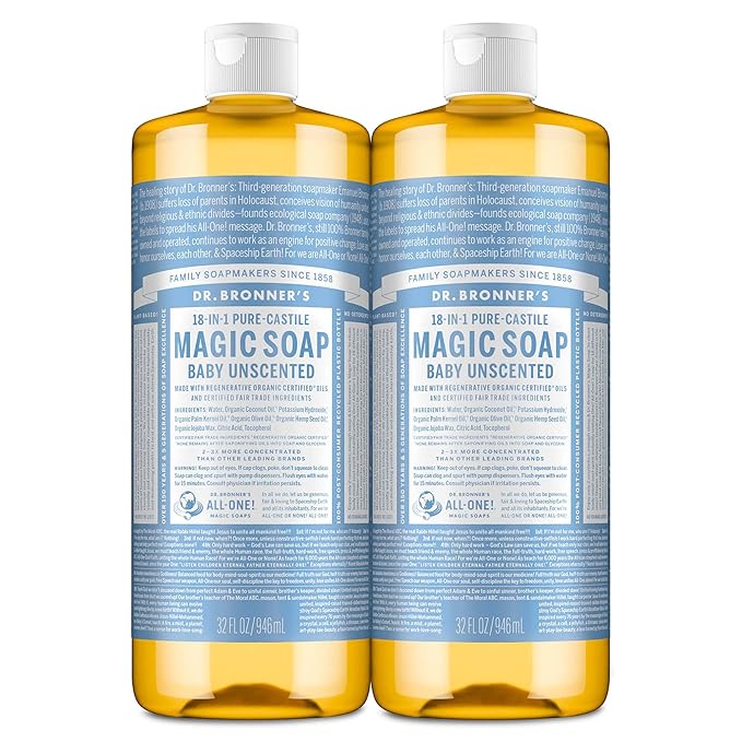 Dr. Bronner's Magic Soap-Pure-Castile Liquid Soap (Baby Unscented, 32 ounce, 2-Pack)-Regenerative Organic Certified Oils, 18-in-1 Uses: Body, Laundry & Dishes, For Sensitive Skin, No Fragrance