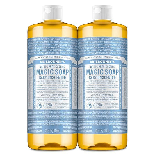 Dr. Bronner's Magic Soap-Pure-Castile Liquid Soap (Baby Unscented, 32 ounce, 2-Pack)-Regenerative Organic Certified Oils, 18-in-1 Uses: Body, Laundry & Dishes, For Sensitive Skin, No Fragrance