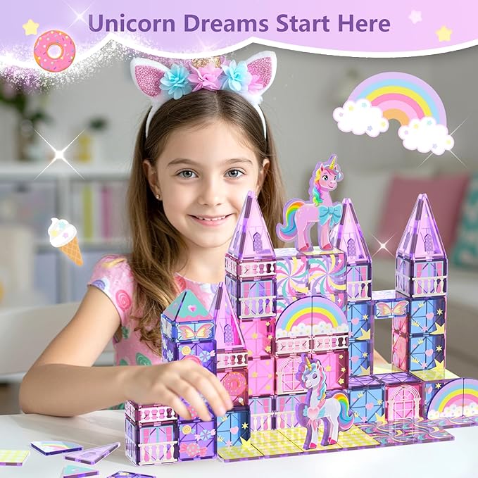 GobiDex Magnetic Building Blocks Unicorn Toys for Girls, Princess Magnetic Tiles Building Toys for Kids Ages 3-5 4-8, STEM Sensory Toddler Game Birthday Gift for Girls Boys Ages 3+