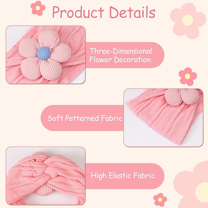CÉLLOT 5 Pcs Baby Flower Headbands Baby Girls Nylon Headbands Soft Hairbands Hair Accessories for Newborn Infant Toddler Kids（Pink）