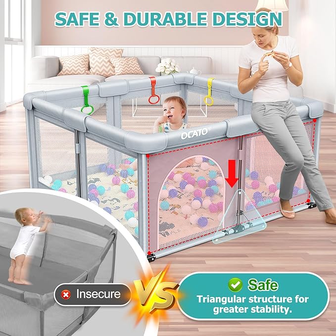 OCATO Baby Playpen with Mat: Foldable Playpen for Babies and Toddlers Play Pen Portable Playpens Fence Indoor Outdoor Kids Safety Area Play Yard with 50x50 Playpens Mat 4 Handlers 50 Balls (50" × 50")