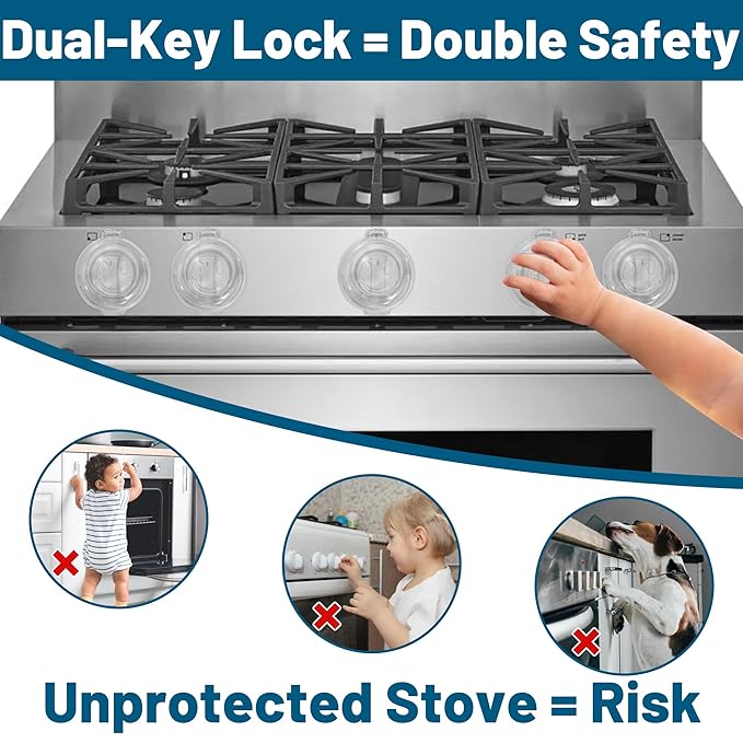 Oven Knob Covers for Child Safety 5 Pack, Clear Stove Knob Safety Covers & Gas Stove Locks, Heat-Resistant Adhesive, Double-Key Baby Proof Covers for Gas/Electric Burners,Childproof Protector for Kids