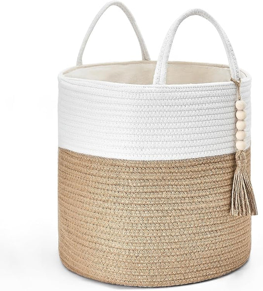 Mkono Woven Storage Basket Decorative Rope Basket Wooden Bead Decoration for Blankets,Toys,Clothes,Shoes,Plant Organizer Bin with Handles Living Room Home Decor, 11" W × 11" L, Cream White and Brown
