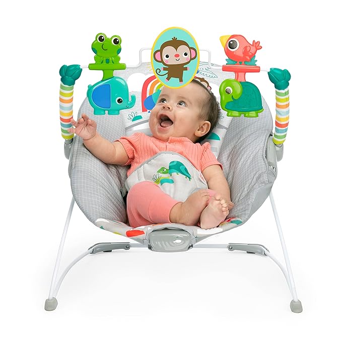 Bright Starts Playful Paradise Comfy Baby Bouncer Seat with Soothing Vibration and Toys, Unisex, 0-6 Months