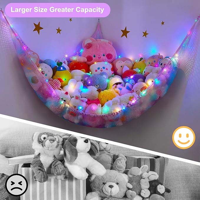 Unicorn Castle Stuffed Animals Net or Hammock Kids Toy Storage Organizer with LED Light Hanging Corner Stuffed Animals Holder Kids Girls Room Decor (Pack of 1)