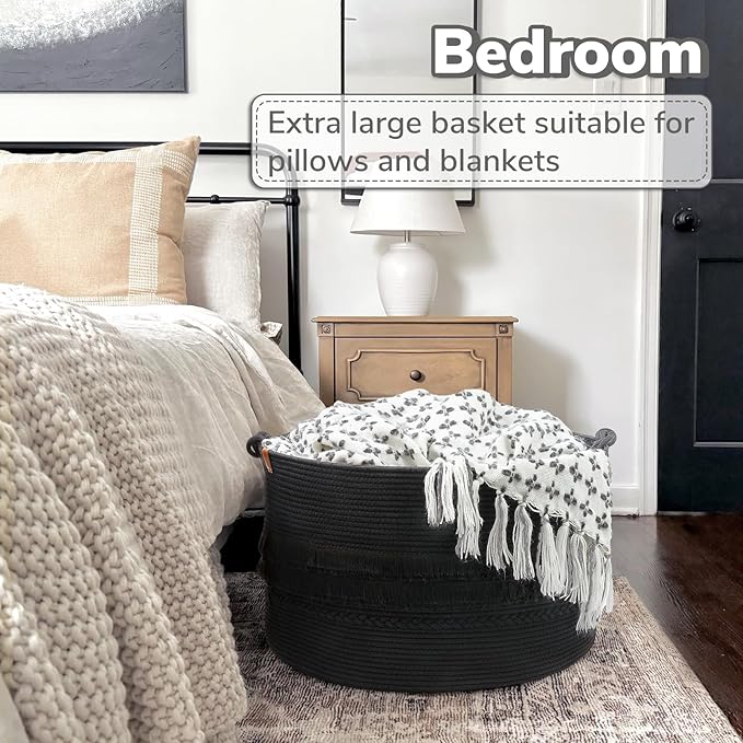 CherryNow 22"x22"x14" Large Blanket Basket, Home Décor for Living Room Bedroom, Boho Decorative Laundry Basket for Clothes, Baby Toy Storage, Black