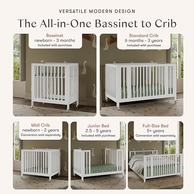 babyletto Rolli 9-in-1 Convertible Baby Crib w/Wheels - Includes Pad & Conversion Kits for Bassinet, Standard Crib, Toddler Bed, Daybed & Junior Bed - GREENGUARD Gold - 3 Adjustable Heights - White