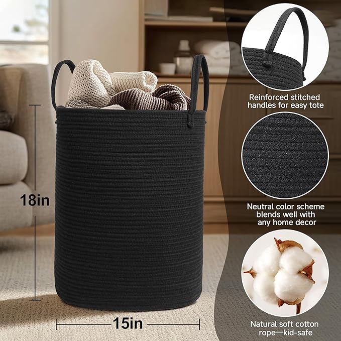Black Woven Laundry Basket, 15"x18" Tall Basket for Blankets, Wicker Hamper for Bedroom Aesthetic, Decorative Storage Hamper for Clothes, Towel, Rope Storage Bin for Living Room, Bathroom