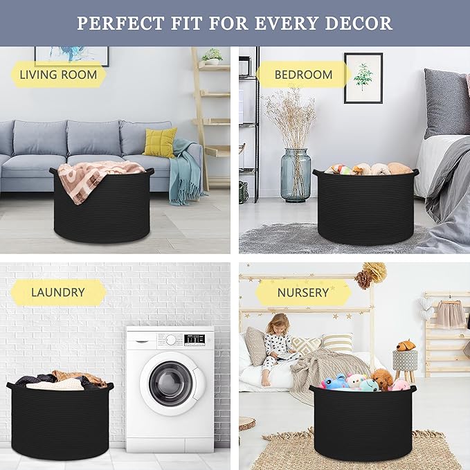 Extra Large Blanket Basket 87L, Laundry Hamper, Baby Nursery Hamper for Storage Toys Clothes Towels, Large Cotton Rope Laundry Basket for Girls Boys, 22”x 14”, Black