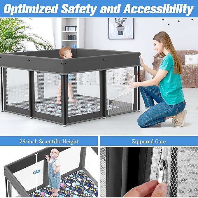 Foldable Baby Playpen, 50"×50" Play Yard Playpen for Babies and Toddlers 1-3, Portable Playpen with Mat, Play Fence Gate Corrales para Bebes