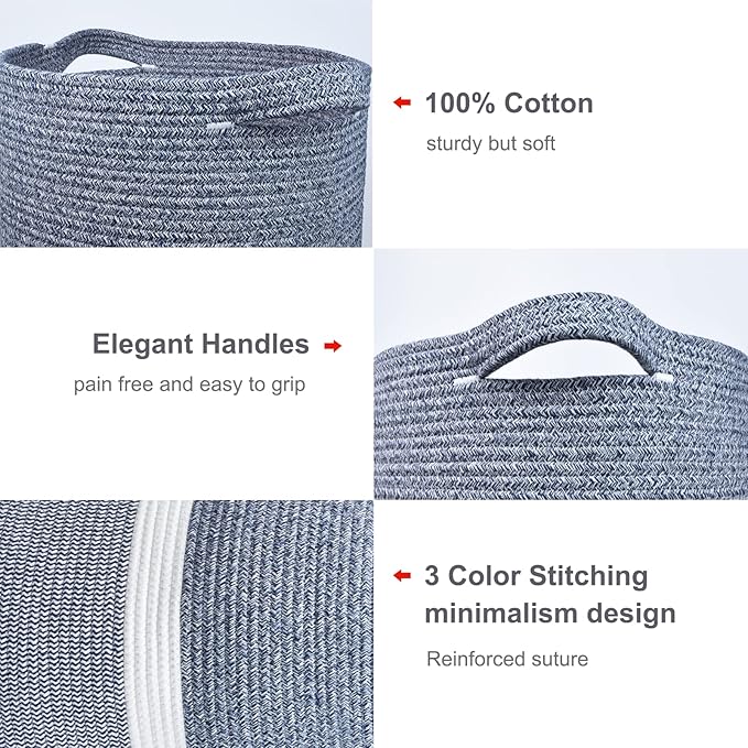 Large Blanket Basket, Nursery Hamper, Tall Laundry Basket 72L, Cotton Rope Woven Laundry Hamper for Storage Toys Clothes Towels, 16”x 22”, Blend Navy Blue & White