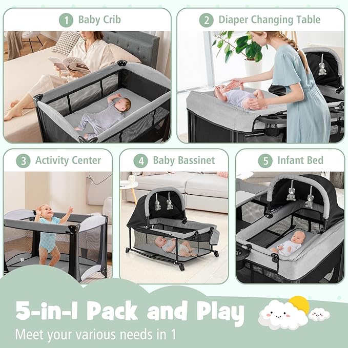 HONEY JOY Pack and Play with Bassinet, 5 in 1 Portable Baby Playard w/Changing Table, Removable Infant Full-Size Bassinet & Mattress, Diaper Storage Bag, Foldable Newborn Nursery Center w/Carry Bag