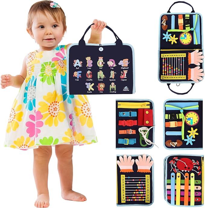 Busy Book for Toddlers - Montessori Busy Board with Sensory Activities for Learning Fine Motor Skills, Travel Toys for Toddlers for Airplane, Car. for Boys and Girls.