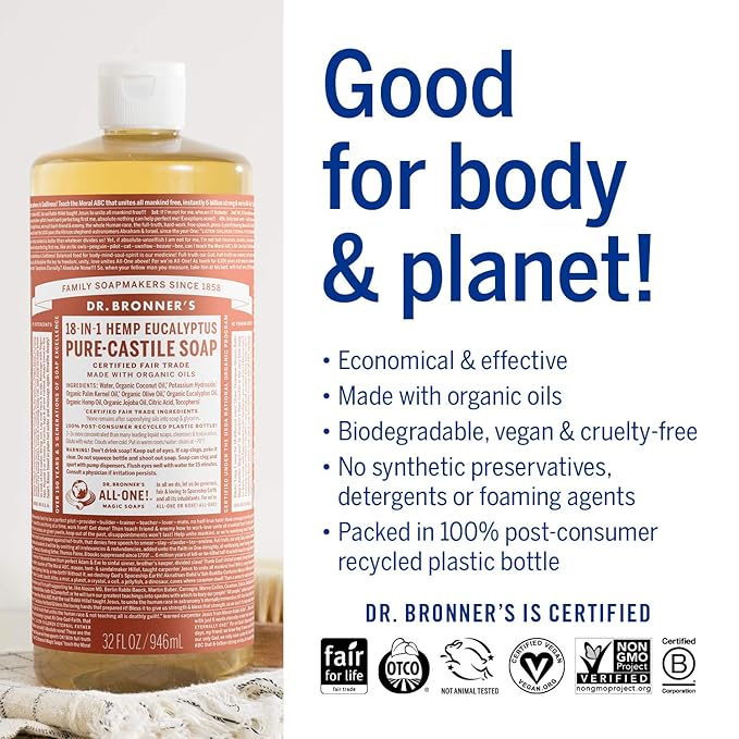 Dr. Bronner's Magic Soap - Pure-Castile Liquid Soap (Eucalyptus, 16 ounce, 2-Pack) -Regenerative Organic Certified Oils, 18-in-1 Uses: Body, Hair, Laundry, Pets & Dishes, Concentrated, Vegan, Non-GMO