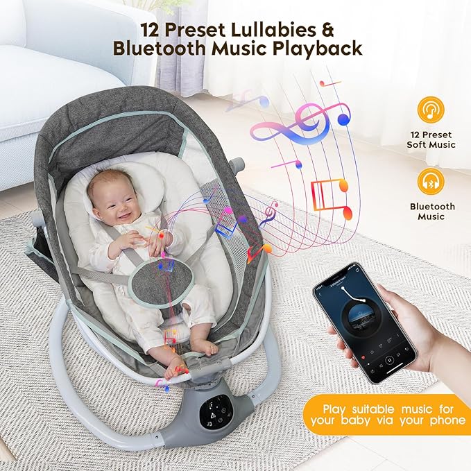 Electric Baby Swing for Infants to Toddler, Portable Swing Baby Rocker with 5 Point Harness, 5 Sway Speed, Bluetooth,12 Preset Lullabies with Remote Control, Infant Swing for Baby Boys & Girls, Grey