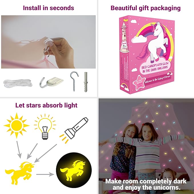 Pink Canopy for Girls Bed with Pre-Glued Glow in The Dark Unicorns - Princess Mosquito Net Room Decor - Kids & Baby Bedroom Tent with Galaxy Lights - 1 Opening Canopy Bed & Hanging Kit Included